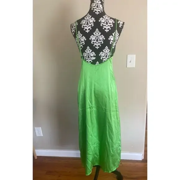 Zara bright green maxi slip dress lace midriff size M slinky silky backless flaw - Picture 4 of 6